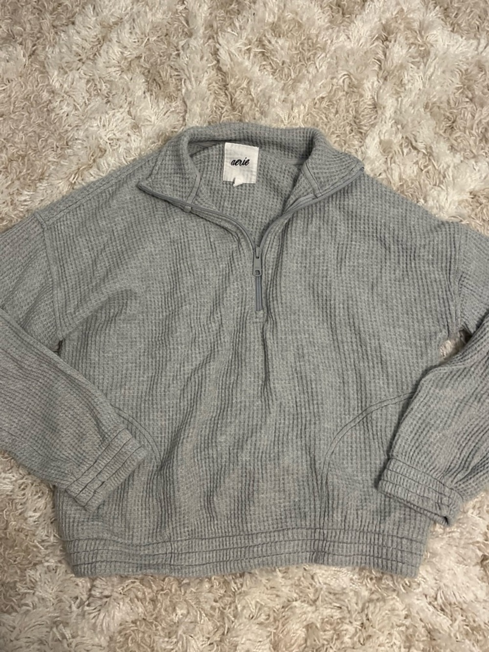 aerie Light Gray Quarter-Zip Waffle Knit Pullover